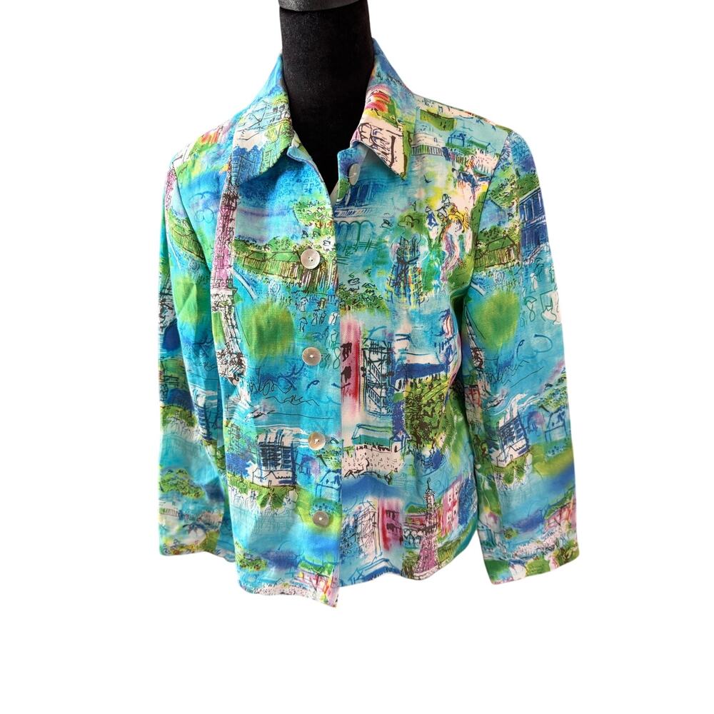 Coldwater Creek Linen Rayon Jacket Petite S Blue Paris Art Scenic Eiffel Tower